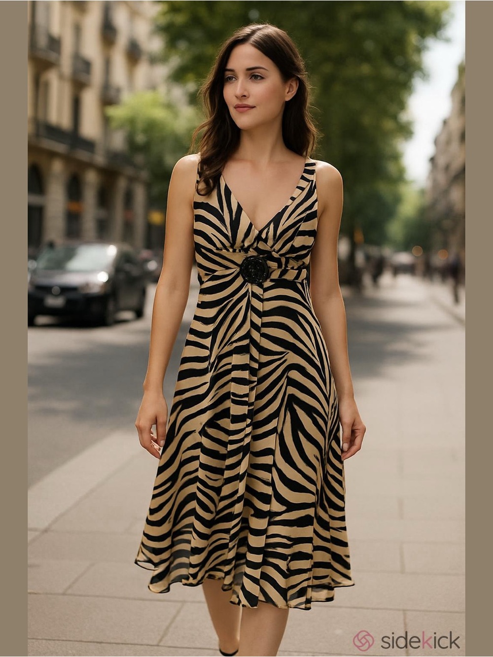 Enfocus Studio Tan and Black Zebra-Print V-Neck Midi Dress